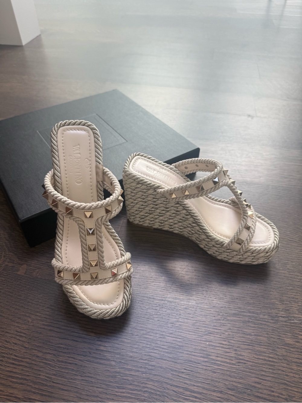 Valentino Garavani Beige Rope Wedge Sandals with Gold Studs